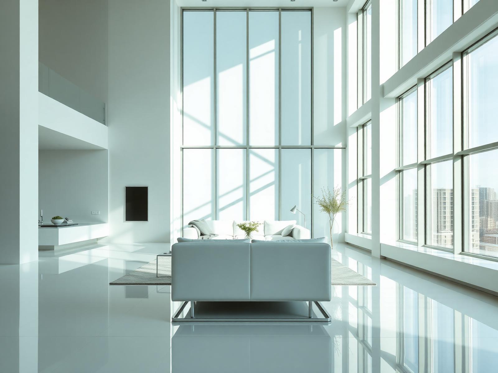 Interior luxos curat cu ferestre mari și podea reflectantă