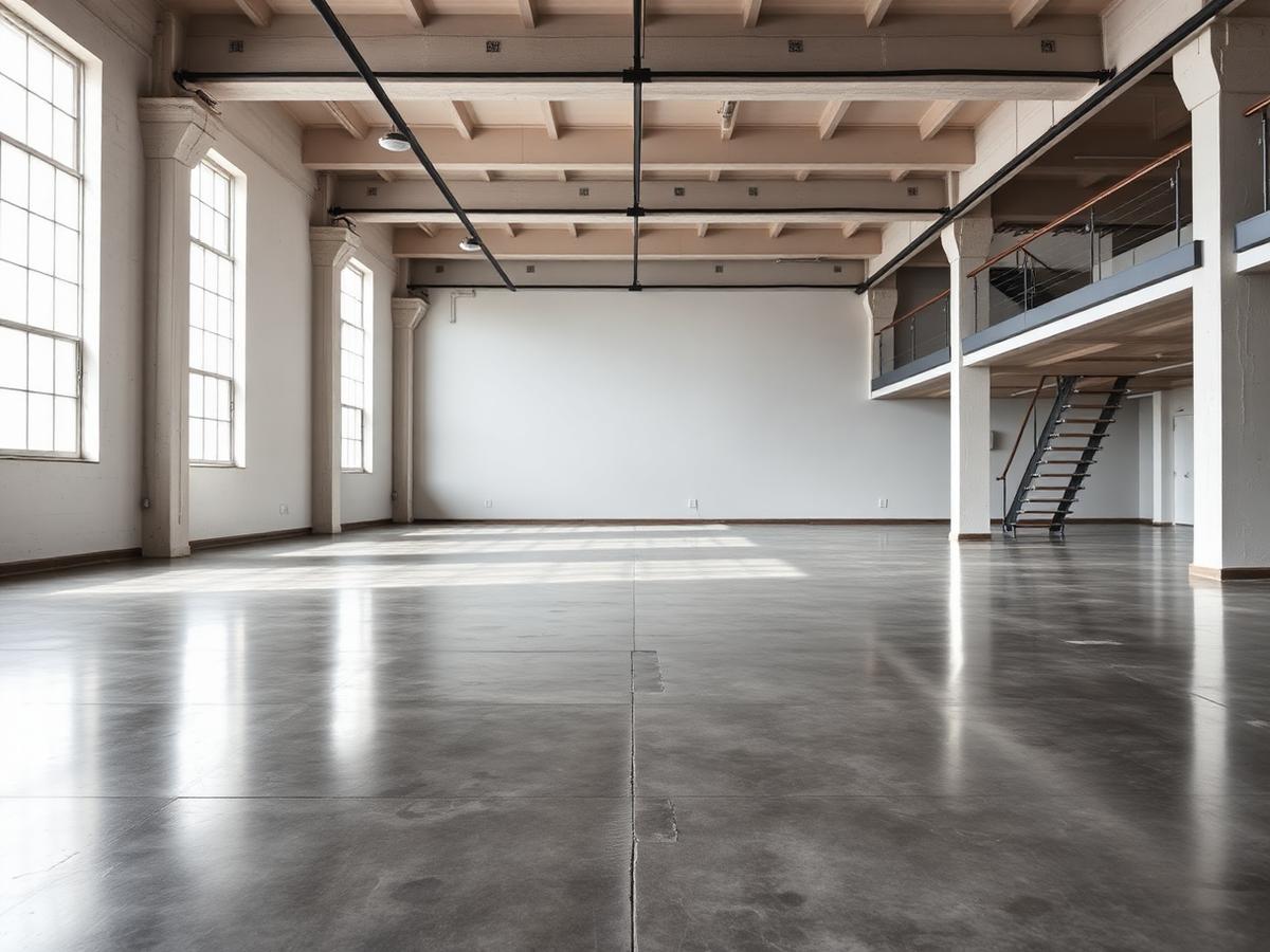 Spațiu industrial cu podea din beton lustruit după curățenie post-construcție